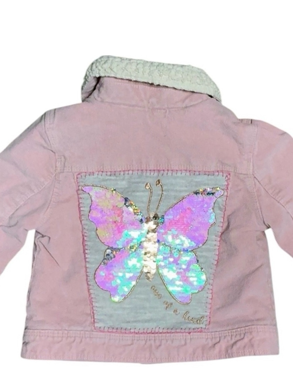 Upcycled Pink Corduroy Sherpa Kids Jacket with Sequin Butterfly